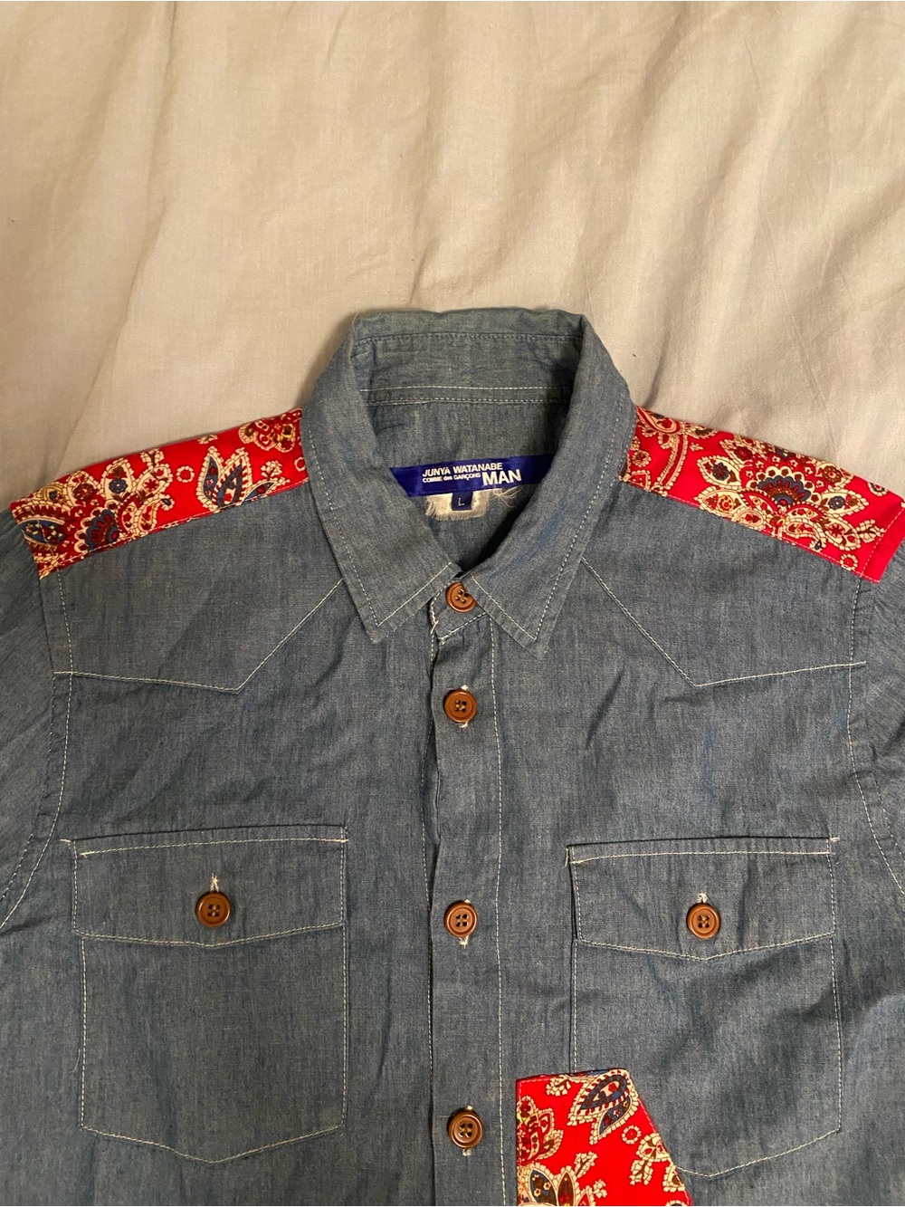 Junya Watanabe MAN Blue Denim Button-Down Shirt with Red Paisley Accents